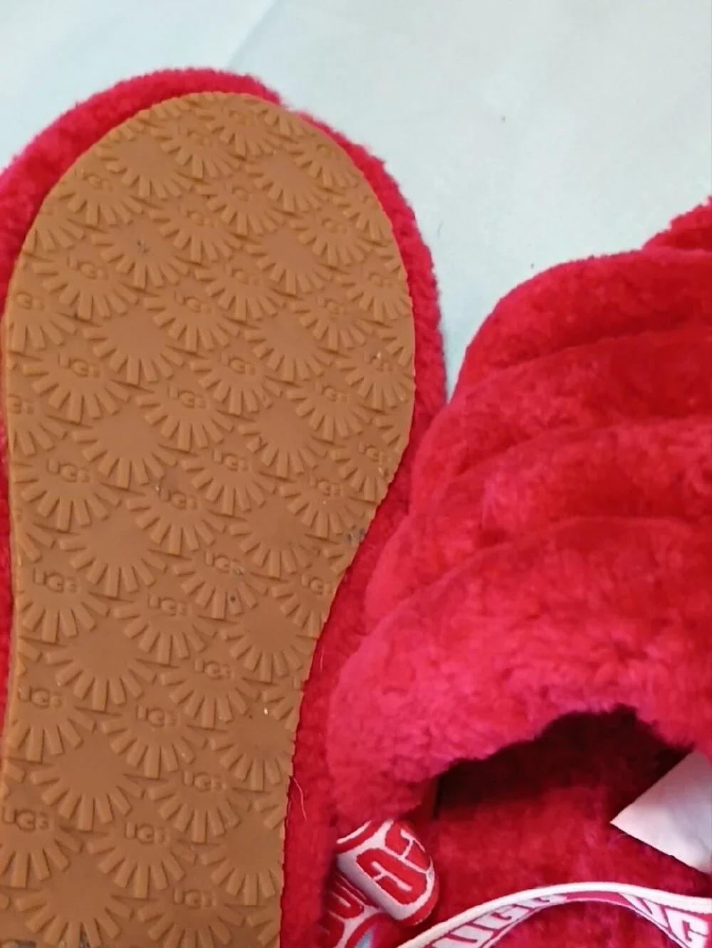 UGG Red Plush Slide Sandal with Branded Heel Strap